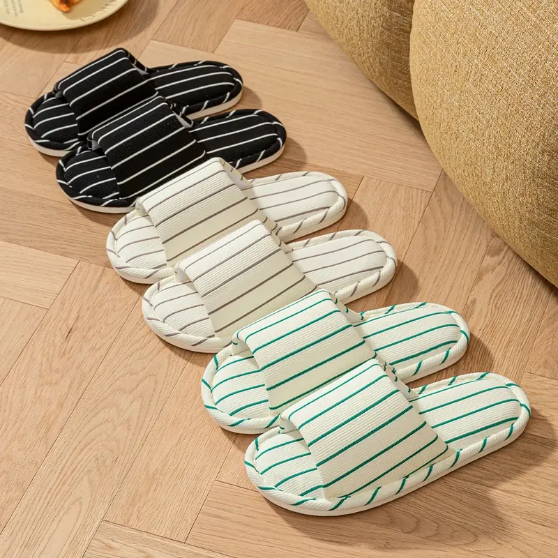 Striped Decor Flat Heels Home Slippers Women 2025 Winter Comfort Soft Sole Indoor Slippers Woman Light Non Slip Floor Shoes