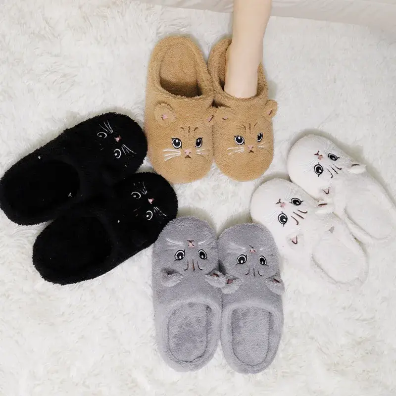 Cute Cartoon Cat Home Slippers Women 2025 Winter Flat Heels Fuzzy Fur Slippers Woman Non Slip Flat Heels Indoor Floor Shoes