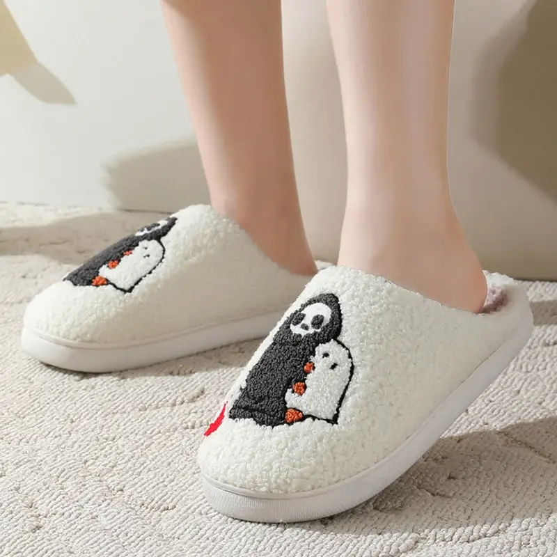 Cute Halloween Style Embroidery Slippers Women 2025 Winter Flat Heels Indoor Home Slippers Woman Comfort Non Slip Bedroom Shoes