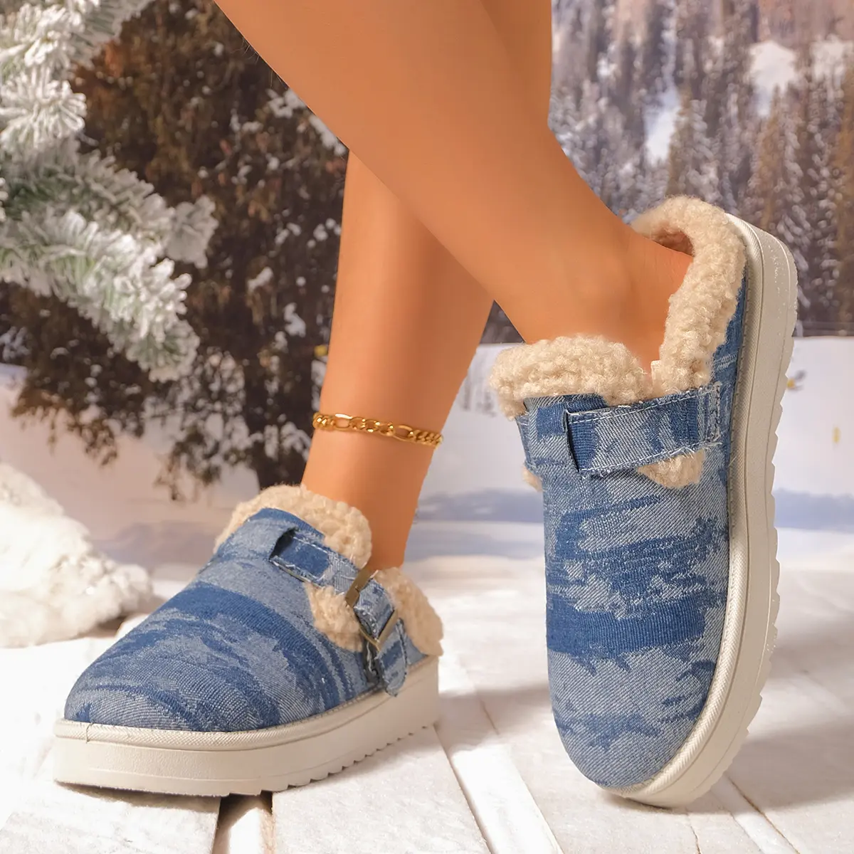 Retro Denim Cotton Slippers Women 2025 Winter Non Slip Thick Bottom Plush Slippers Woman Plus Size 43 Platform Outdoor Slides