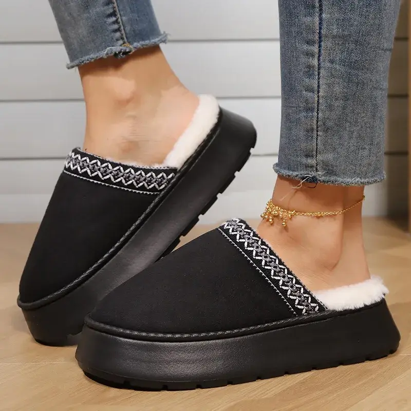 Thick Bottom Platform Cotton Slippers Women Winter Warm Plush Closed Toe House Slippers Woman Non Slip Fluffy Indoor Home Shoes