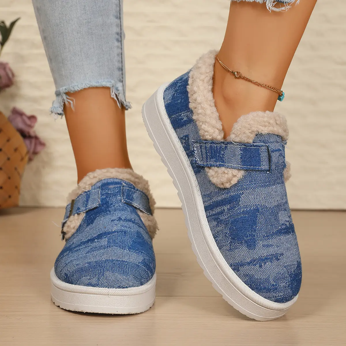 Denim Thick Bottom Snow Boots Women 2025 Winter Warm Thicken Plush Cotton Shoes Woman Non Slip Flat Heels Ankle Botas Mujer