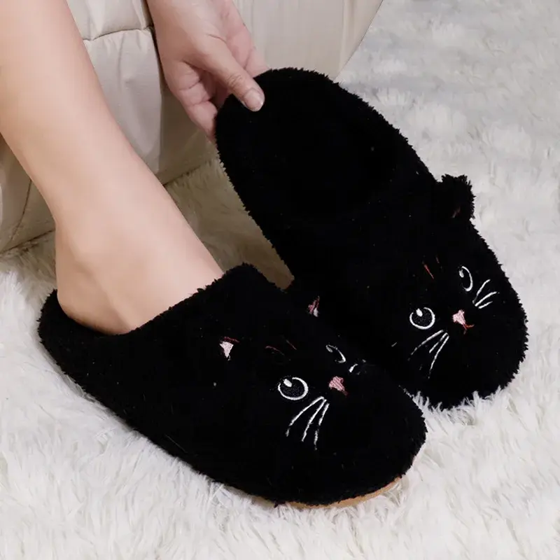 Cute Cartoon Cat Home Slippers Women 2025 Winter Flat Heels Fuzzy Fur Slippers Woman Non Slip Flat Heels Indoor Floor Shoes