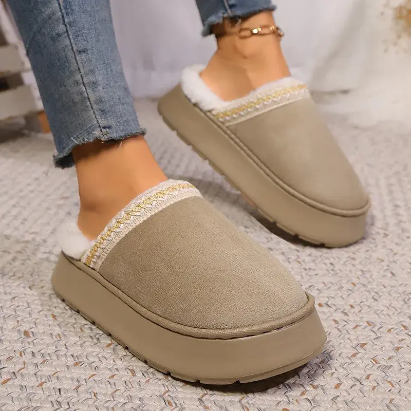 Thick Bottom Platform Cotton Slippers Women Winter Warm Plush Closed Toe House Slippers Woman Non Slip Fluffy Indoor Home Shoes