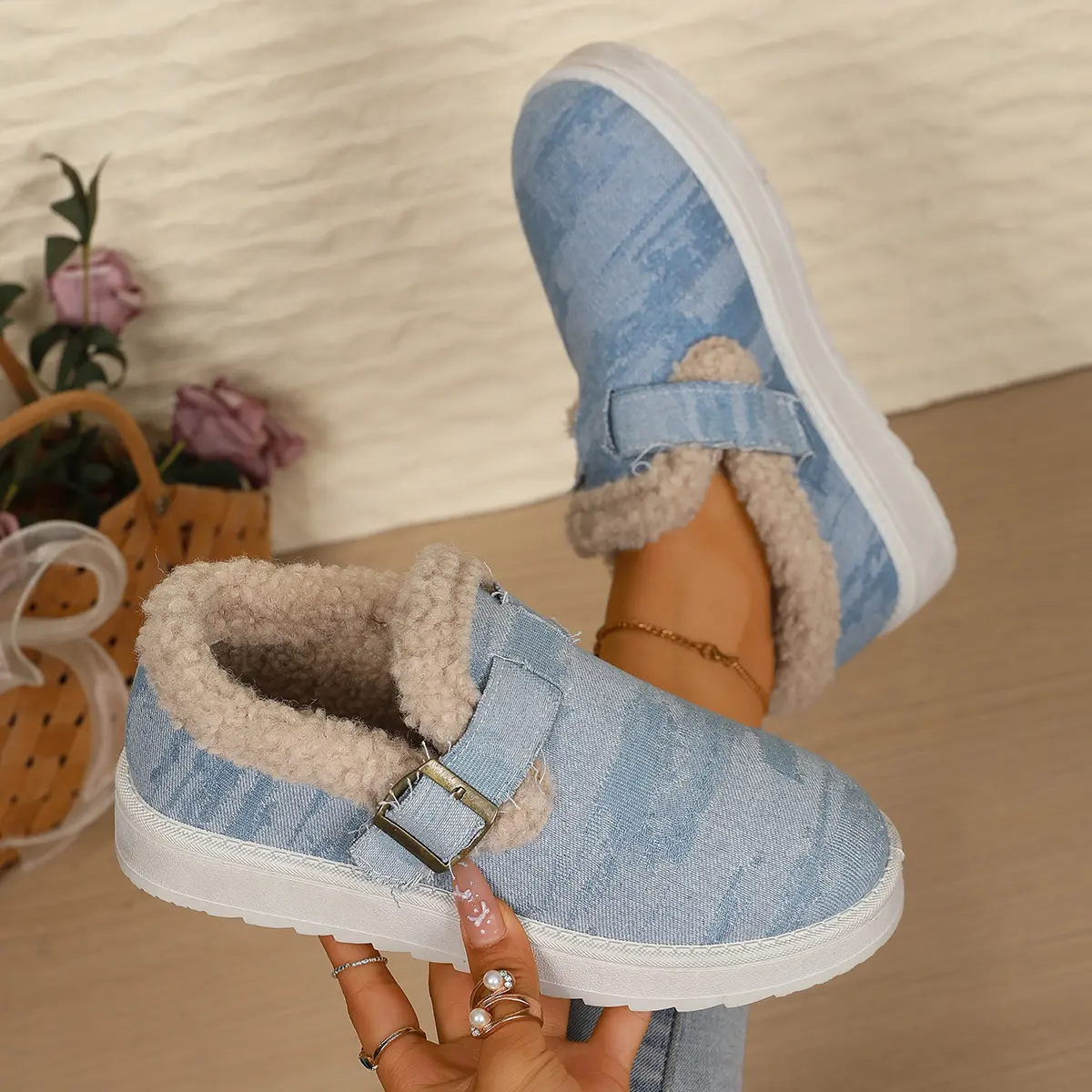Denim Thick Bottom Snow Boots Women 2025 Winter Warm Thicken Plush Cotton Shoes Woman Non Slip Flat Heels Ankle Botas Mujer