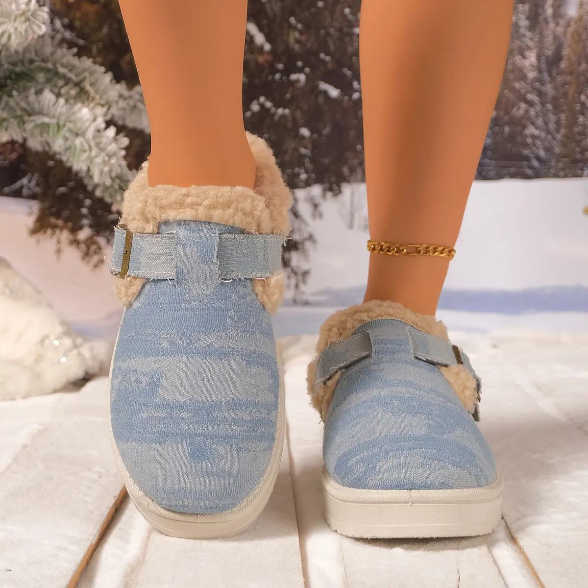 Retro Denim Cotton Slippers Women 2025 Winter Non Slip Thick Bottom Plush Slippers Woman Plus Size 43 Platform Outdoor Slides