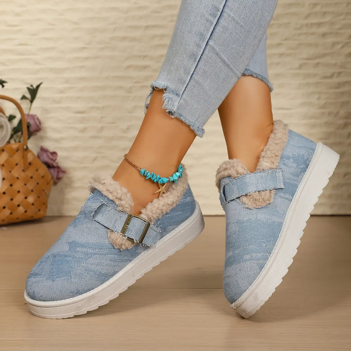 Denim Thick Bottom Snow Boots Women 2025 Winter Warm Thicken Plush Cotton Shoes Woman Non Slip Flat Heels Ankle Botas Mujer