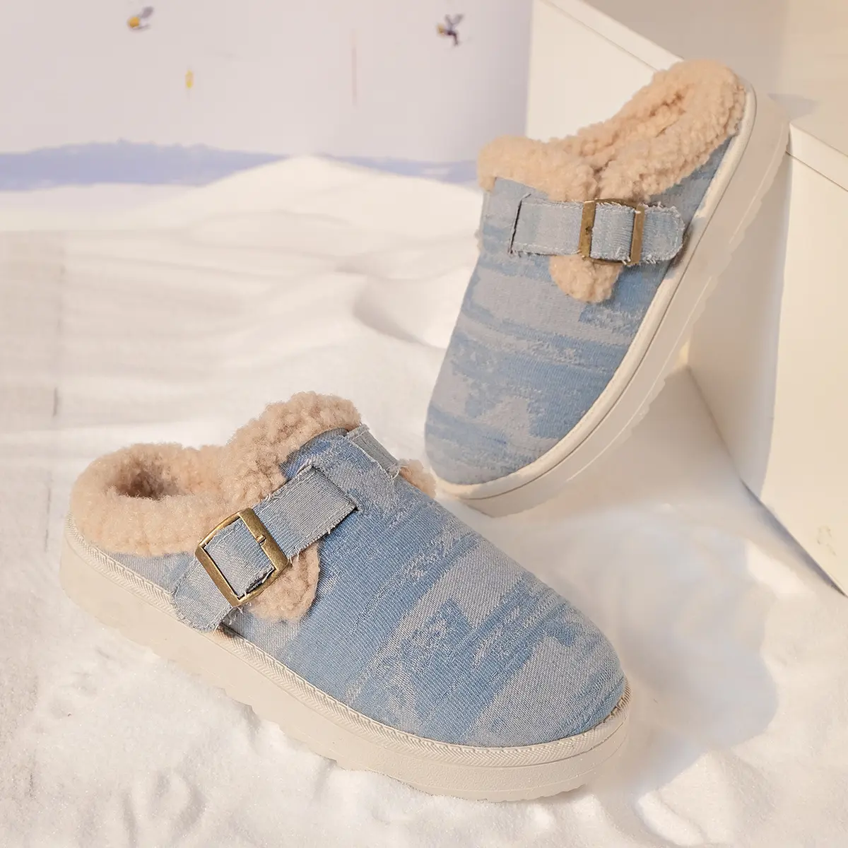 Retro Denim Cotton Slippers Women 2025 Winter Non Slip Thick Bottom Plush Slippers Woman Plus Size 43 Platform Outdoor Slides