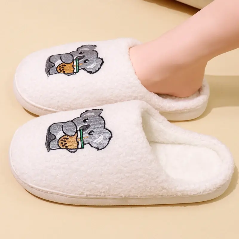 Cute Cartoon Koala Embroidery Cotton Slippers Women 2025 Winter Comfort Closed Toe Home Slippers Woman Indoor House Fur Slides