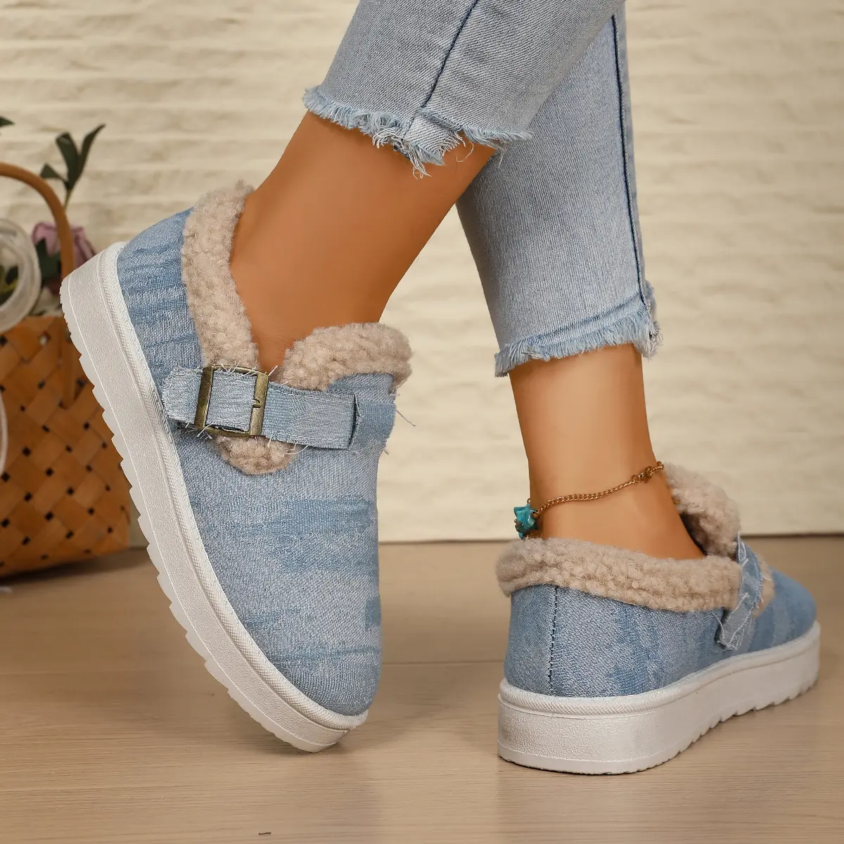 Denim Thick Bottom Snow Boots Women 2025 Winter Warm Thicken Plush Cotton Shoes Woman Non Slip Flat Heels Ankle Botas Mujer