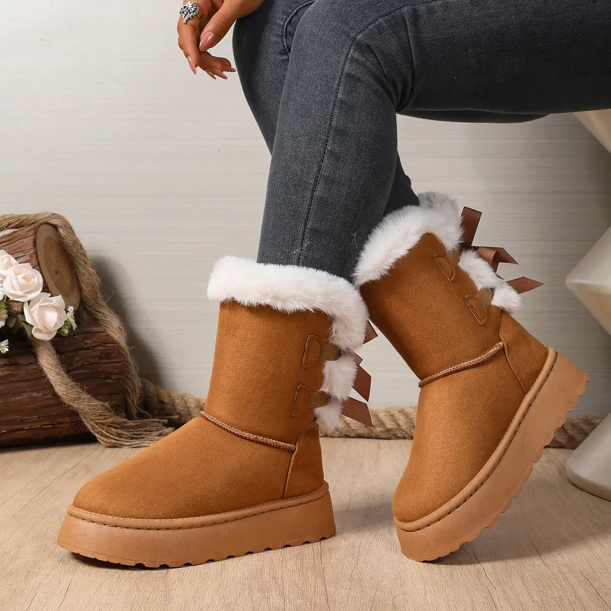 Women's Warm Thicken Plush Snow Boots 2025 Winter Bowtie Thick Platform Ankle Boots Woman Slip On Non Slip Cotton Padded Shoes