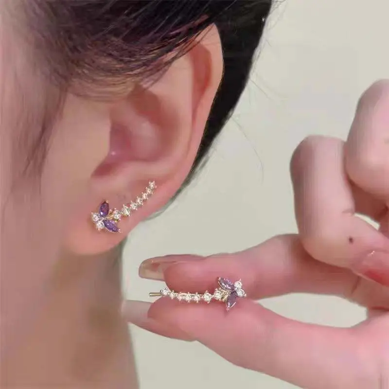 Exquisite Purple Zircon Butterfly Stud Earrings for Women Fashion Crystal Climb Ear Earrings Wedding Aesthetic Jewelry Gifts
