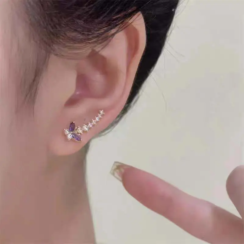 Exquisite Purple Zircon Butterfly Stud Earrings for Women Fashion Crystal Climb Ear Earrings Wedding Aesthetic Jewelry Gifts