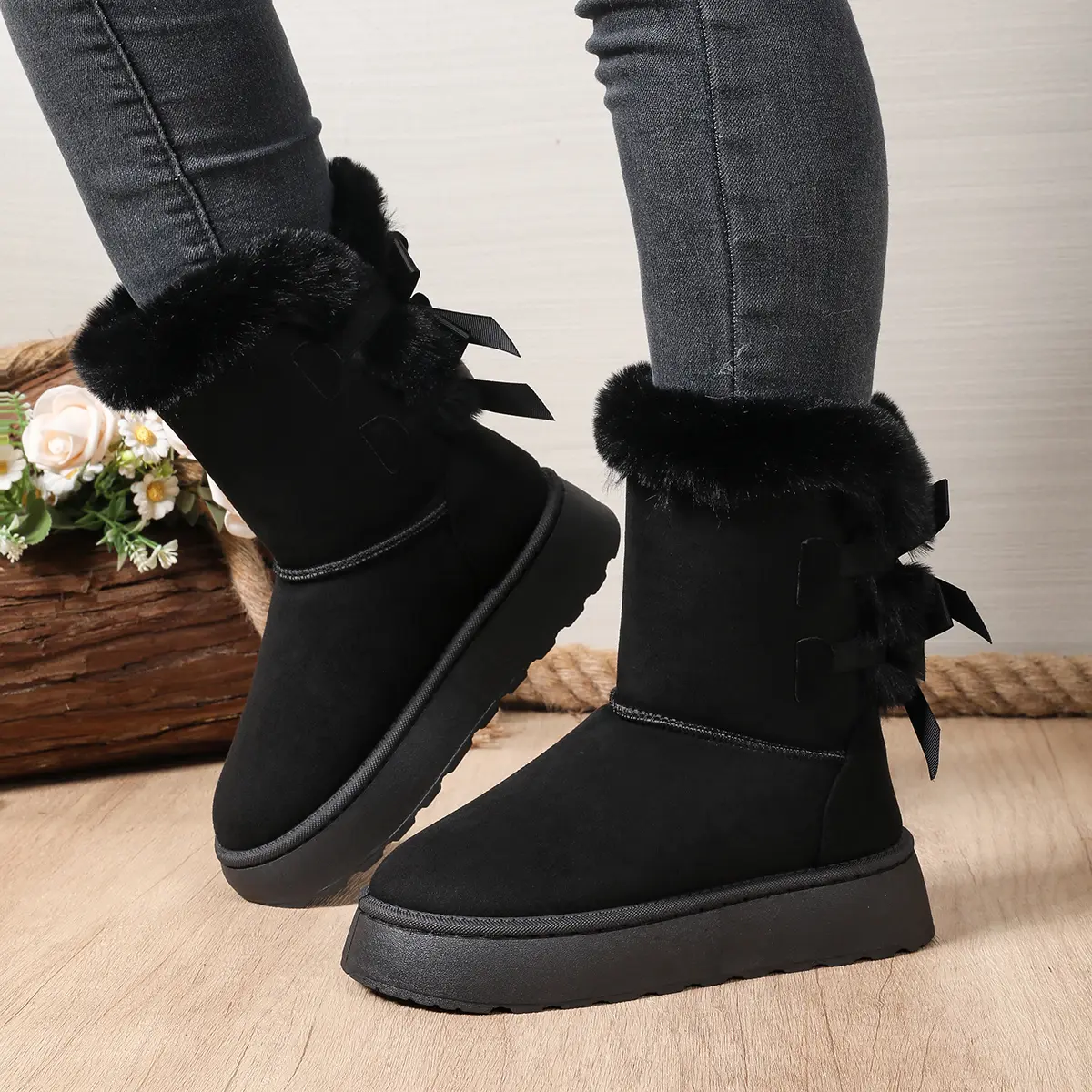 Women's Warm Thicken Plush Snow Boots 2025 Winter Bowtie Thick Platform Ankle Boots Woman Slip On Non Slip Cotton Padded Shoes