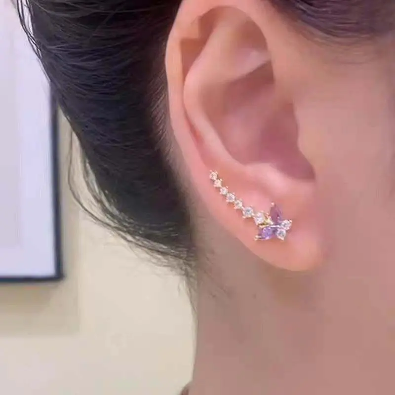 Exquisite Purple Zircon Butterfly Stud Earrings for Women Fashion Crystal Climb Ear Earrings Wedding Aesthetic Jewelry Gifts