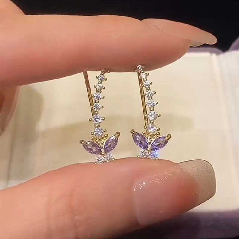 Exquisite Purple Zircon Butterfly Stud Earrings for Women Fashion Crystal Climb Ear Earrings Wedding Aesthetic Jewelry Gifts
