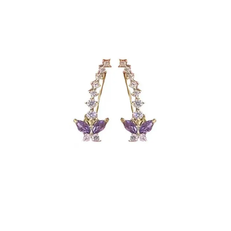 Exquisite Purple Zircon Butterfly Stud Earrings for Women Fashion Crystal Climb Ear Earrings Wedding Aesthetic Jewelry Gifts