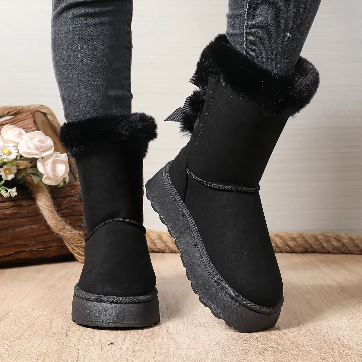 Women's Warm Thicken Plush Snow Boots 2025 Winter Bowtie Thick Platform Ankle Boots Woman Slip On Non Slip Cotton Padded Shoes