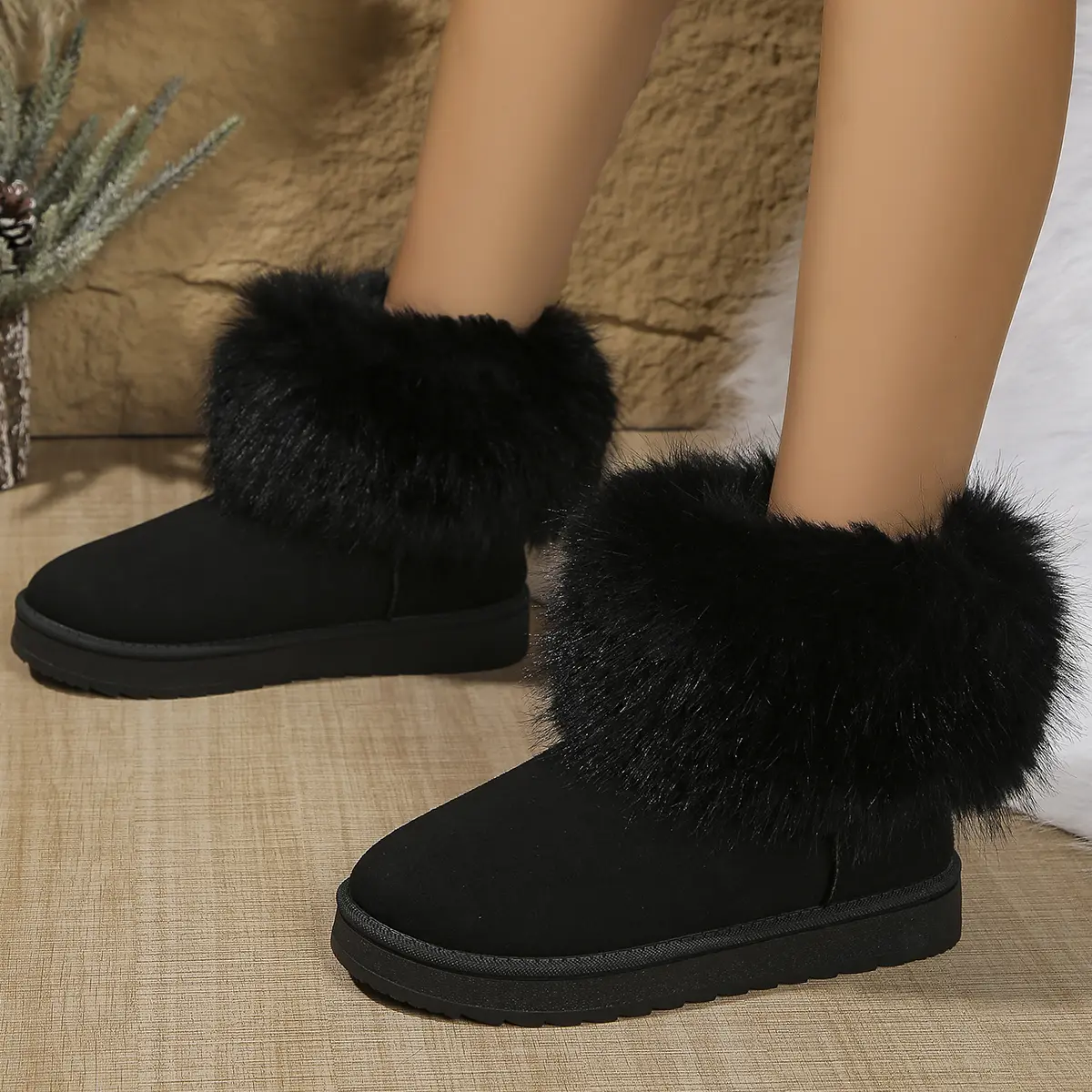 Faux Fur Flat Heels Snow Boots Women 2025 Winter Slip On Warm Thicken Plush Ankle Boots Woman Non Slip Cotton Padded Shoes