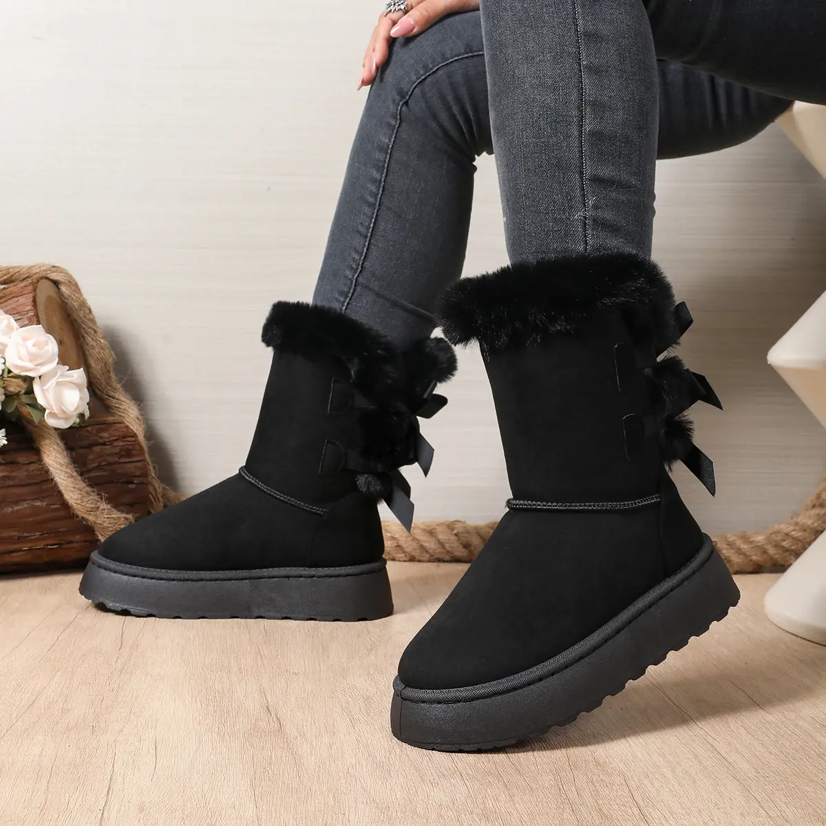 Women's Warm Thicken Plush Snow Boots 2025 Winter Bowtie Thick Platform Ankle Boots Woman Slip On Non Slip Cotton Padded Shoes