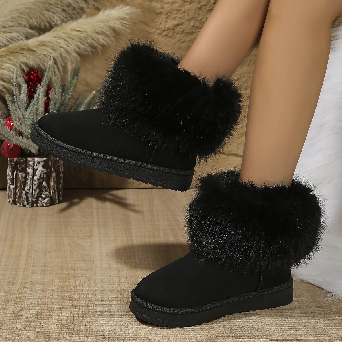 Faux Fur Flat Heels Snow Boots Women 2025 Winter Slip On Warm Thicken Plush Ankle Boots Woman Non Slip Cotton Padded Shoes