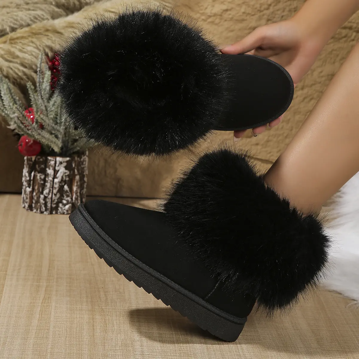 Faux Fur Flat Heels Snow Boots Women 2025 Winter Slip On Warm Thicken Plush Ankle Boots Woman Non Slip Cotton Padded Shoes