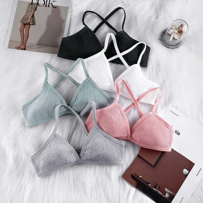 Comfort Cotton Bras For Women Thin Sport Style Unlined Bralette Sexy Deep V Triangle Cup Cross Beauty Back Bra