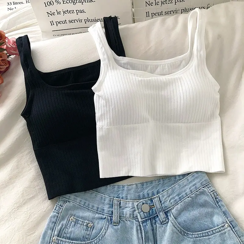 Women Crop Top Push Up Sports Bra U-Shaped Camisole Wide Straps Striped Bralette Lingerie Fitness Top Yoga топ