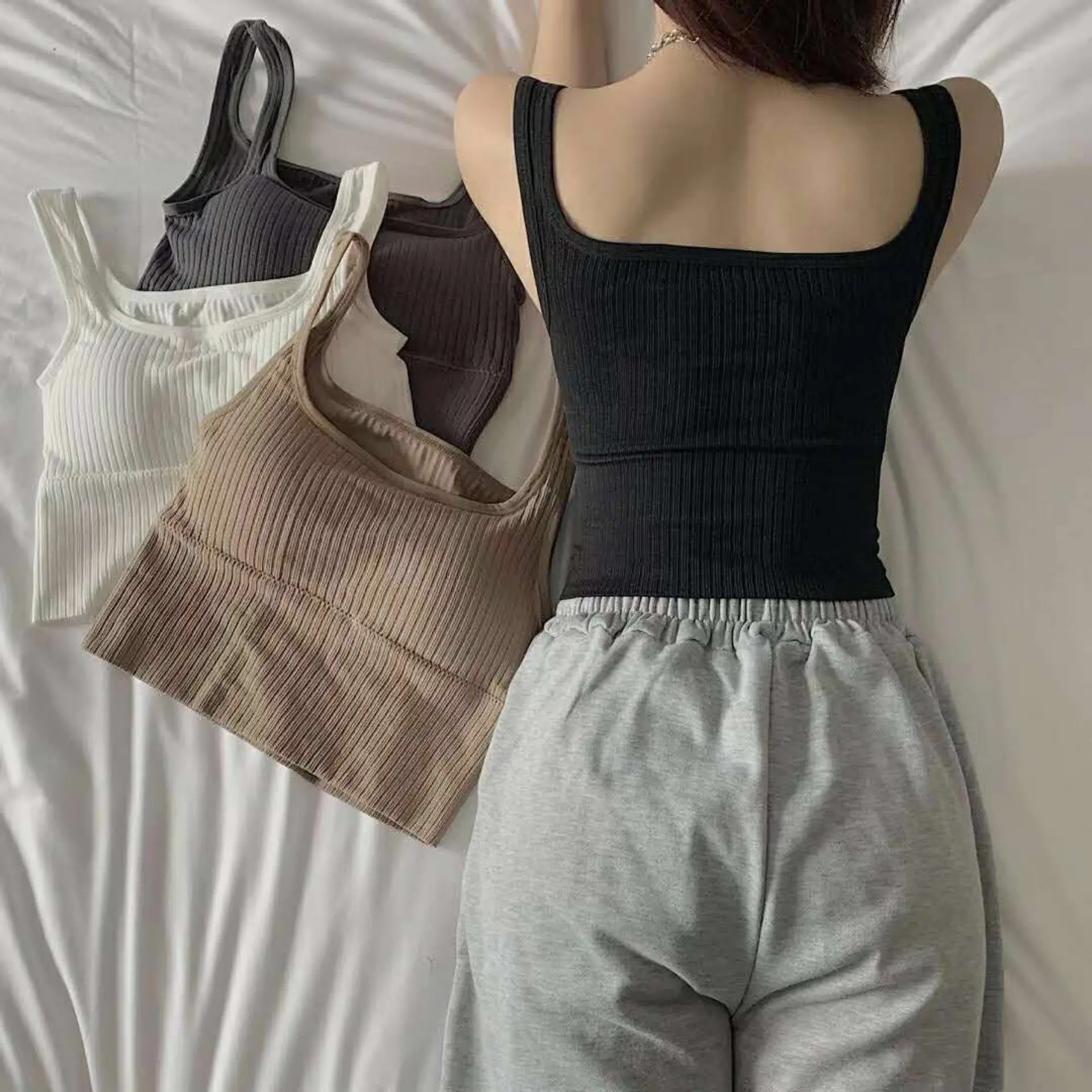 Women Crop Top Push Up Sports Bra U-Shaped Camisole Wide Straps Striped Bralette Lingerie Fitness Top Yoga топ