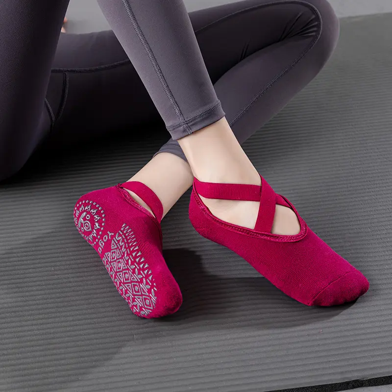 Yoga Socks for Women Non-Slip Grips & Straps, Bandage Cotton Sock, Ideal for Pilates Pure Barre Ballet Dance Barefoot Workout