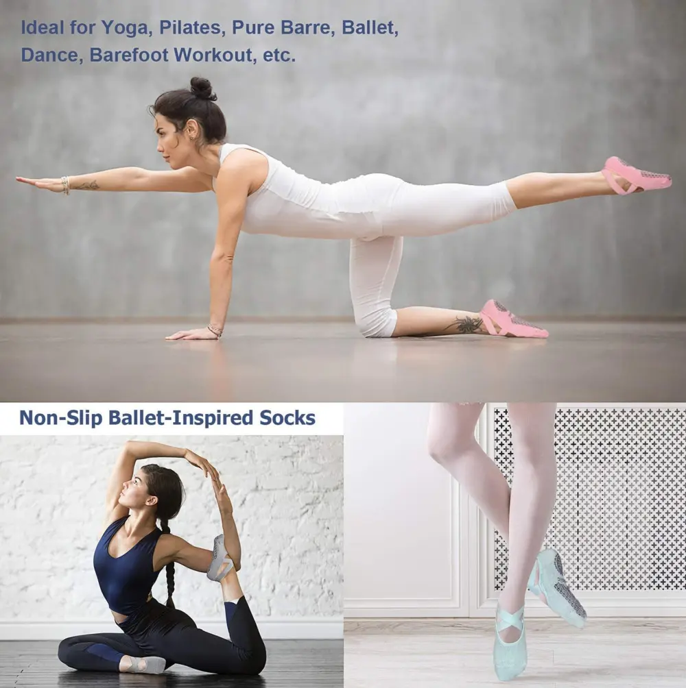 Yoga Socks for Women Non-Slip Grips & Straps, Bandage Cotton Sock, Ideal for Pilates Pure Barre Ballet Dance Barefoot Workout