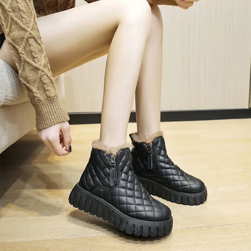 New Women's Boots Winter Velvet Warm Shoes Casual Mid Top Girls Shoes Trendy Thick Bottom Comfortable Womens Snow Boots Solid