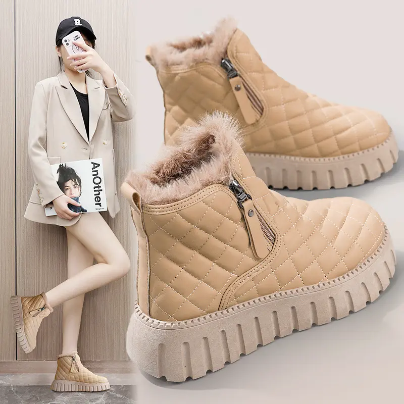 New Women's Boots Winter Velvet Warm Shoes Casual Mid Top Girls Shoes Trendy Thick Bottom Comfortable Womens Snow Boots Solid