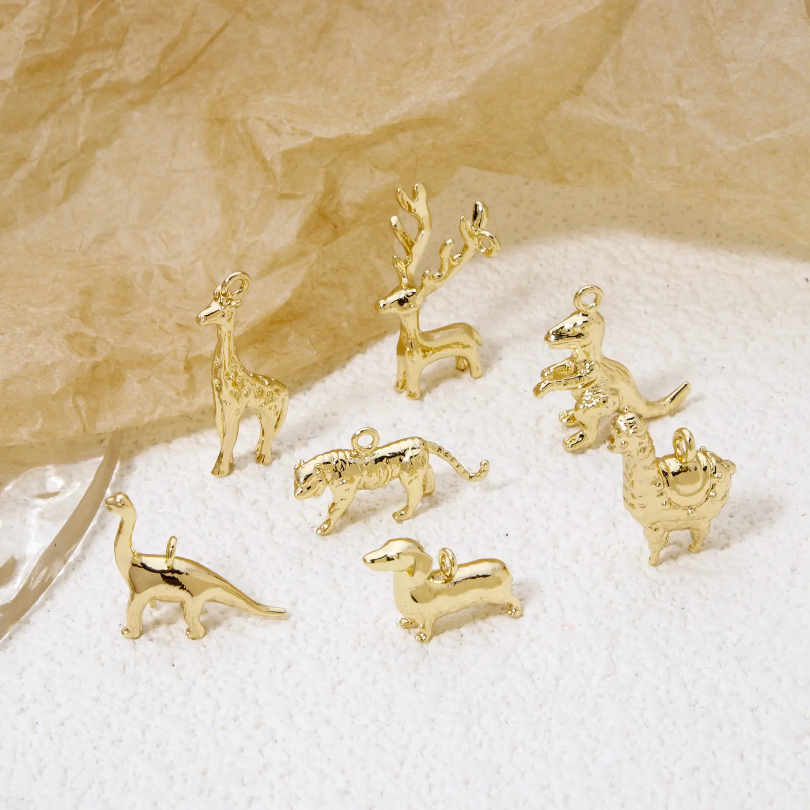 2 Piece Brass Charms 18k Gold Plated Animal 3D Giraffe Dinosaur Alpaca Wolf Pendants For Diy Necklace Jewelry Making Findings