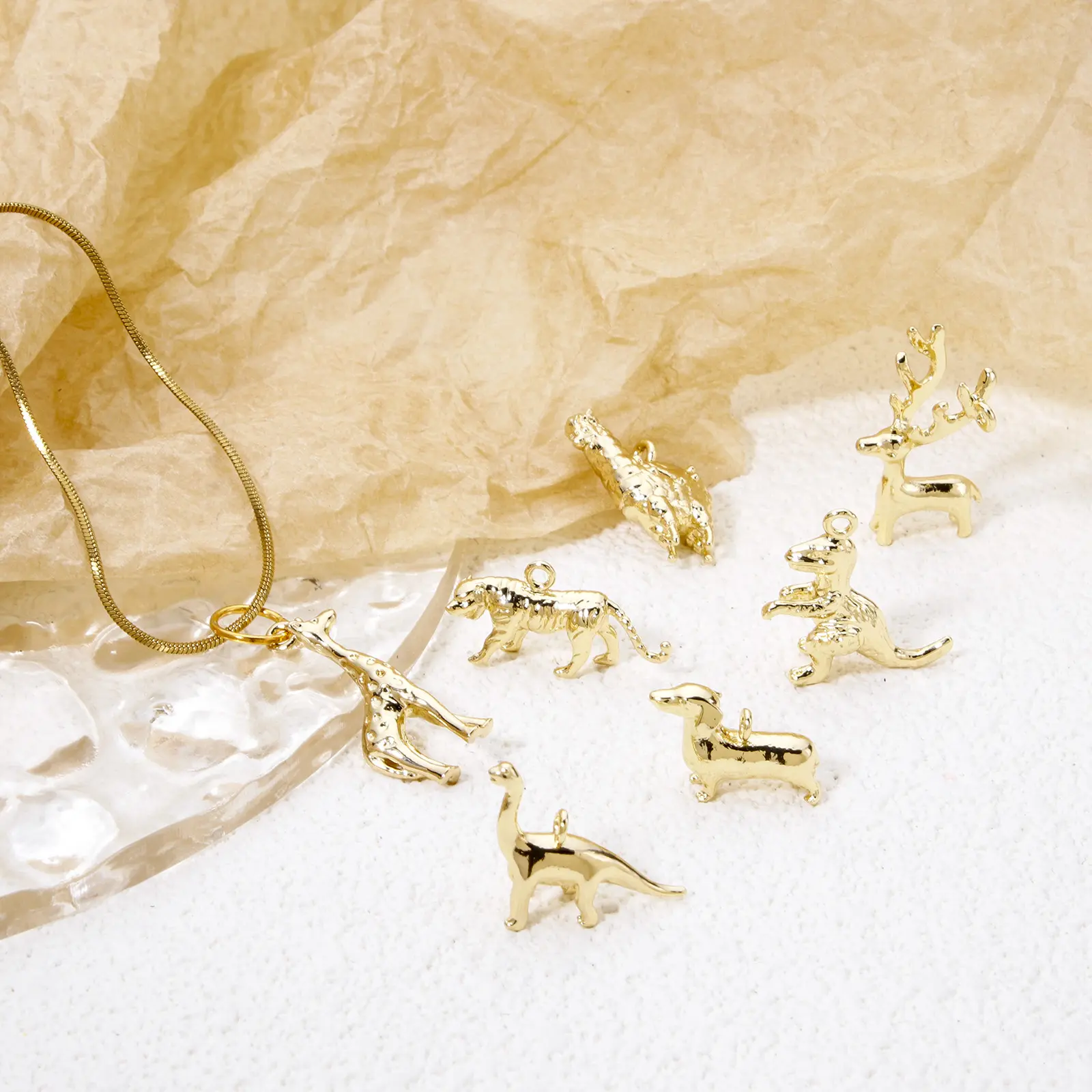 2 Piece Brass Charms 18k Gold Plated Animal 3D Giraffe Dinosaur Alpaca Wolf Pendants For Diy Necklace Jewelry Making Findings