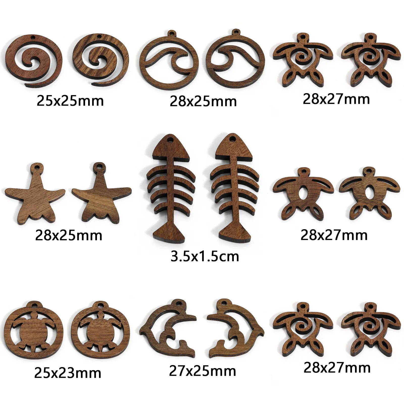 5 Pcs Brown Walnut Ocean Jewelry Pendants Turtle Fish Bones Dolphin Starfish Shape Charms For Earrings Necklace Diy Making
