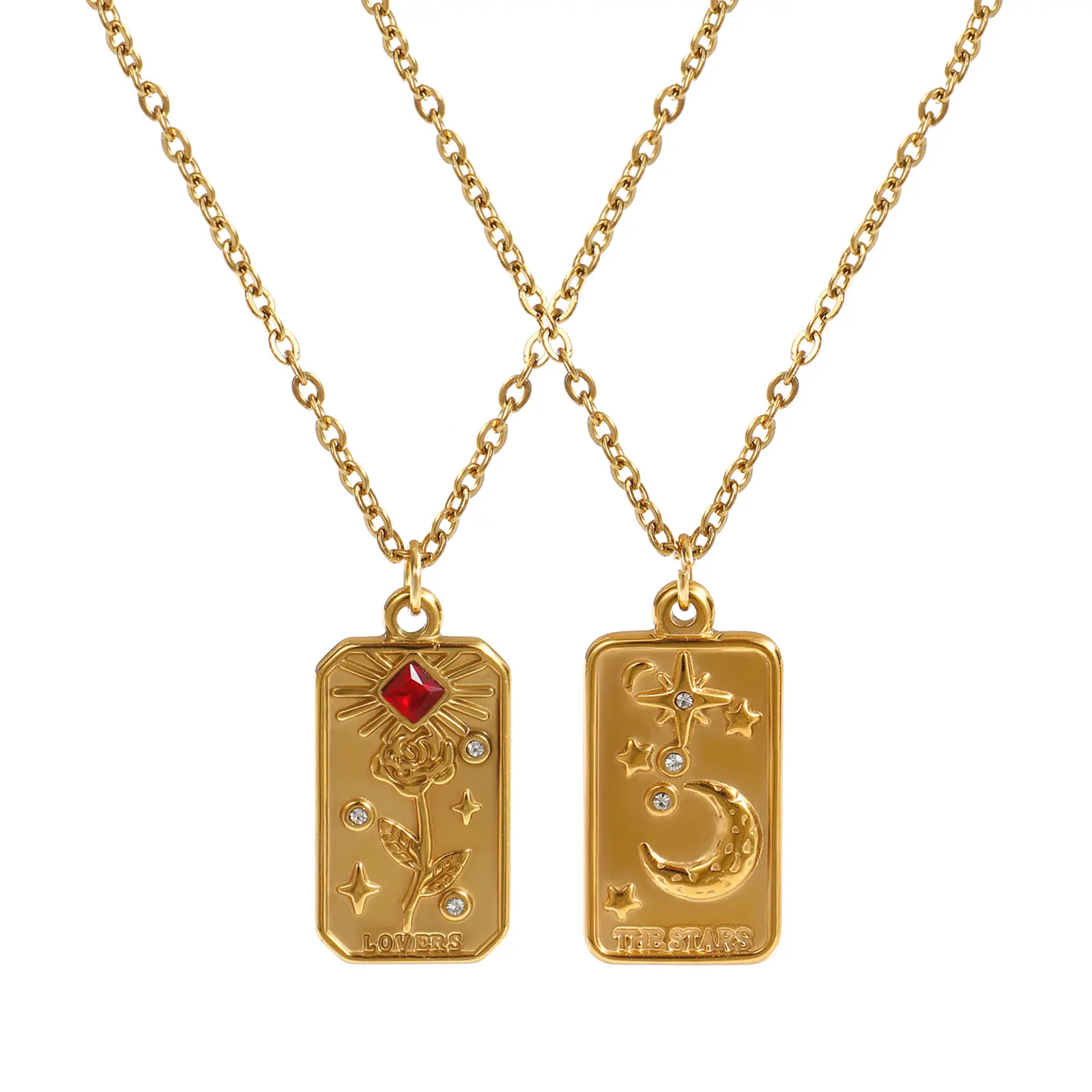 304 Stainless Steel 18K Real Gold Plated Link Cable Chain Tarot Pendant Charm Necklace For Women Gift 45cm(17.7") + 5cm(2")