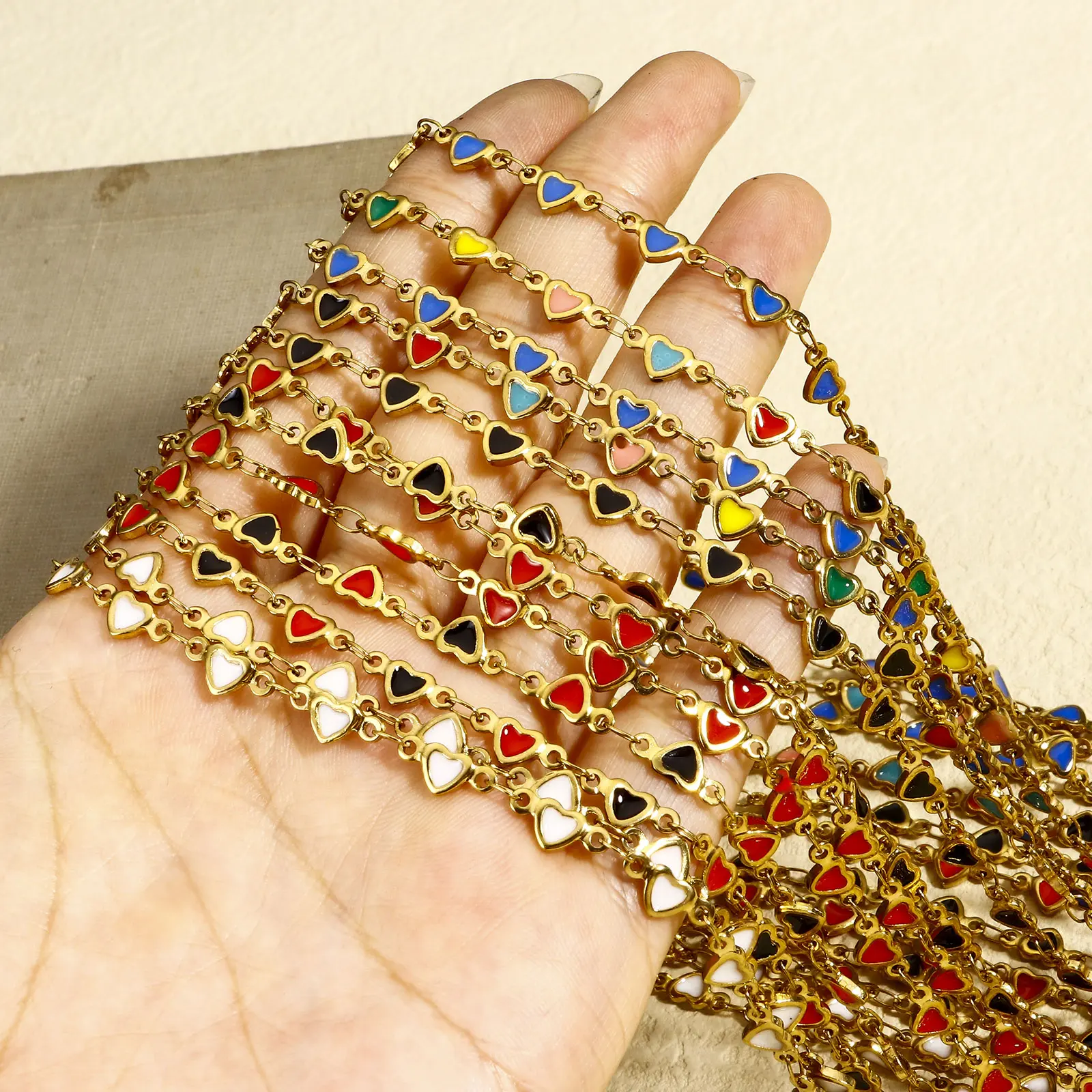 1M 304 Stainless Steel Double-sided Enamel Handmade Link Chain For DIY Jewelry Making Findings Heart 18K Gold Plated 5mm