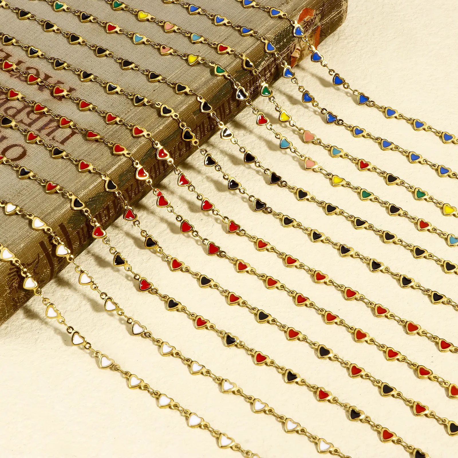 1M 304 Stainless Steel Double-sided Enamel Handmade Link Chain For DIY Jewelry Making Findings Heart 18K Gold Plated 5mm