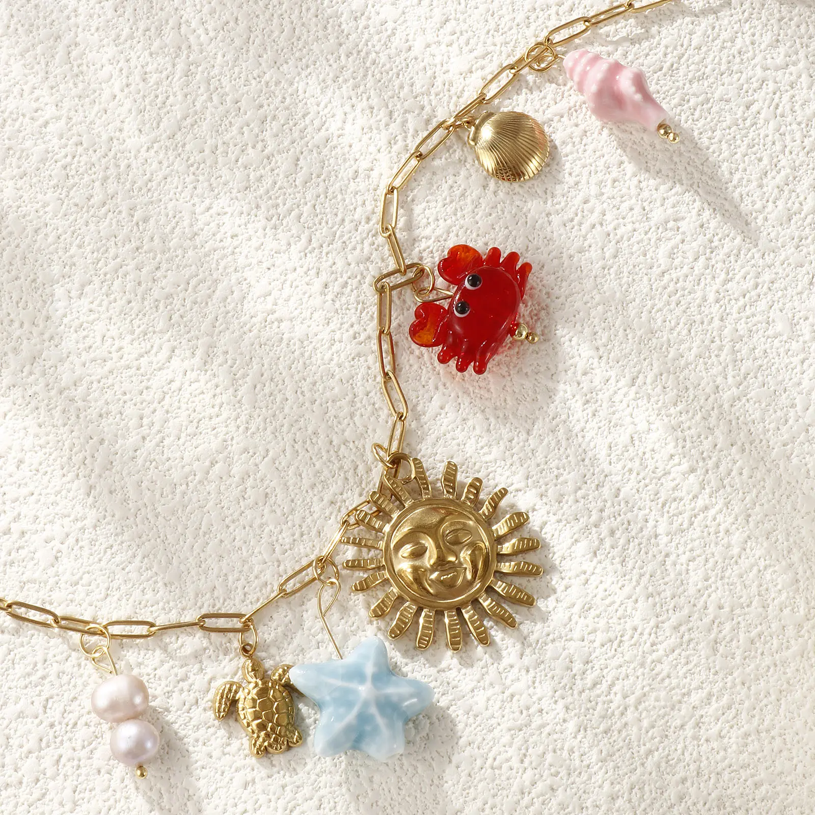 Sweet Ocean Summer Necklace Gold Plated 304 Stainless Steel Link Cable Chain Crab Starfish Pendant Necklace For Women Gift