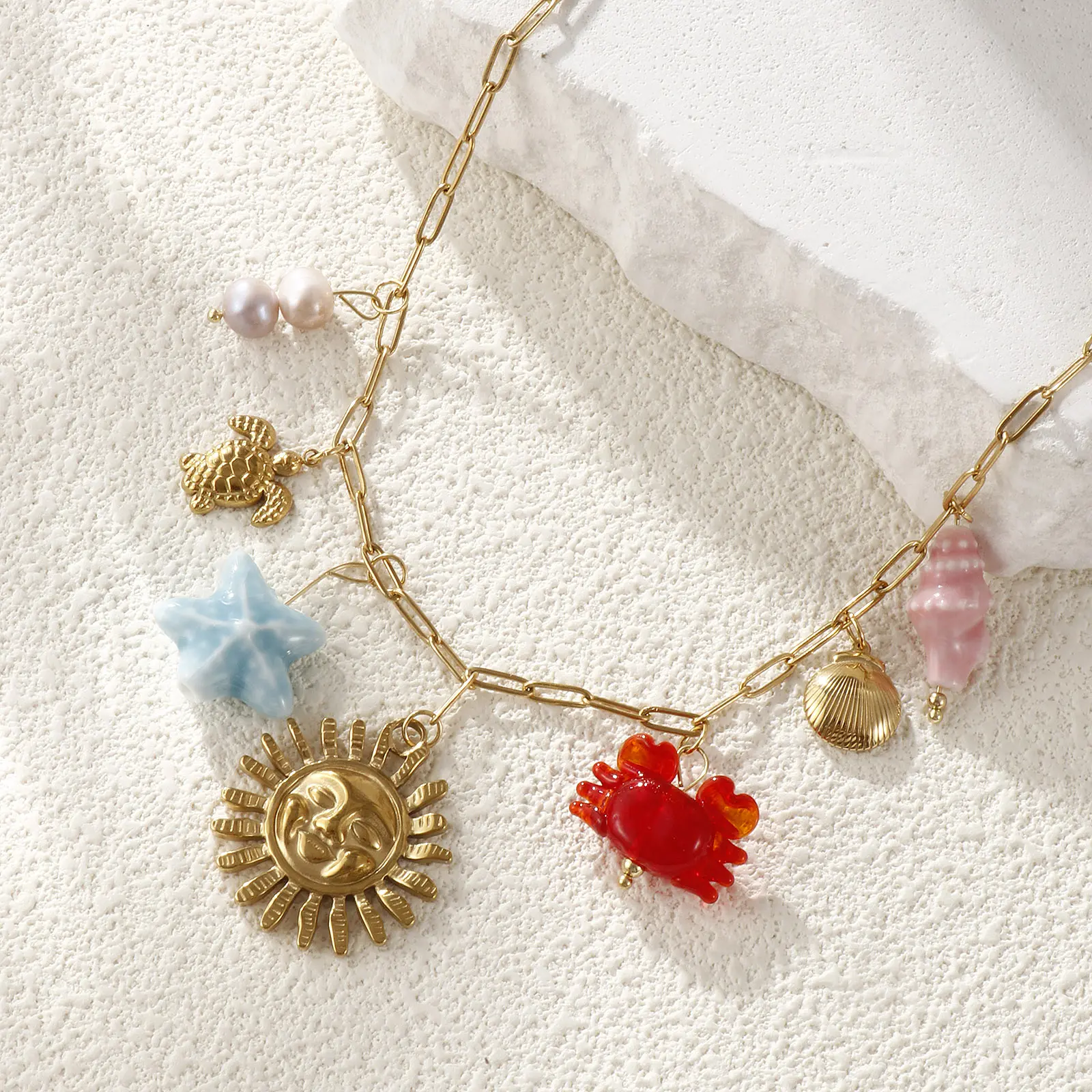 Sweet Ocean Summer Necklace Gold Plated 304 Stainless Steel Link Cable Chain Crab Starfish Pendant Necklace For Women Gift