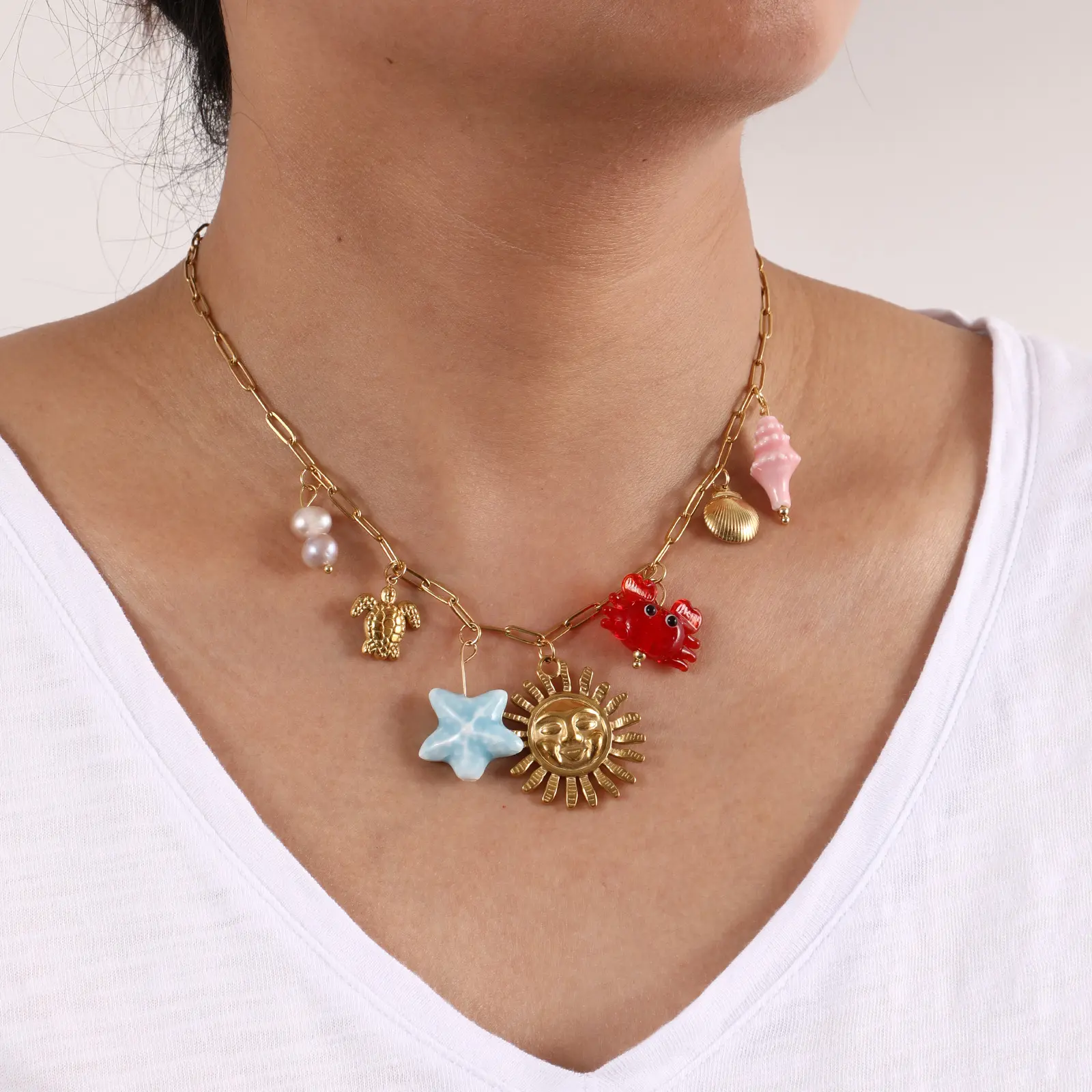 Sweet Ocean Summer Necklace Gold Plated 304 Stainless Steel Link Cable Chain Crab Starfish Pendant Necklace For Women Gift