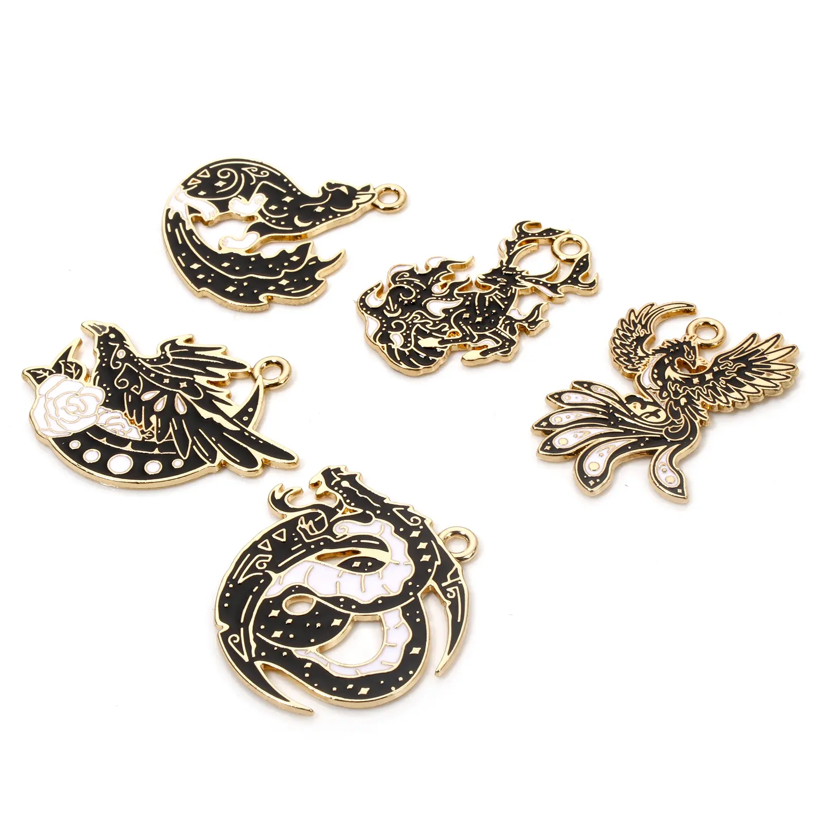 10 Pcs Zinc Based Alloy Fairy Tale Collection Charms Black & White Enamel Phoenix Flying Dragon Deer For Jewelry Diy Making