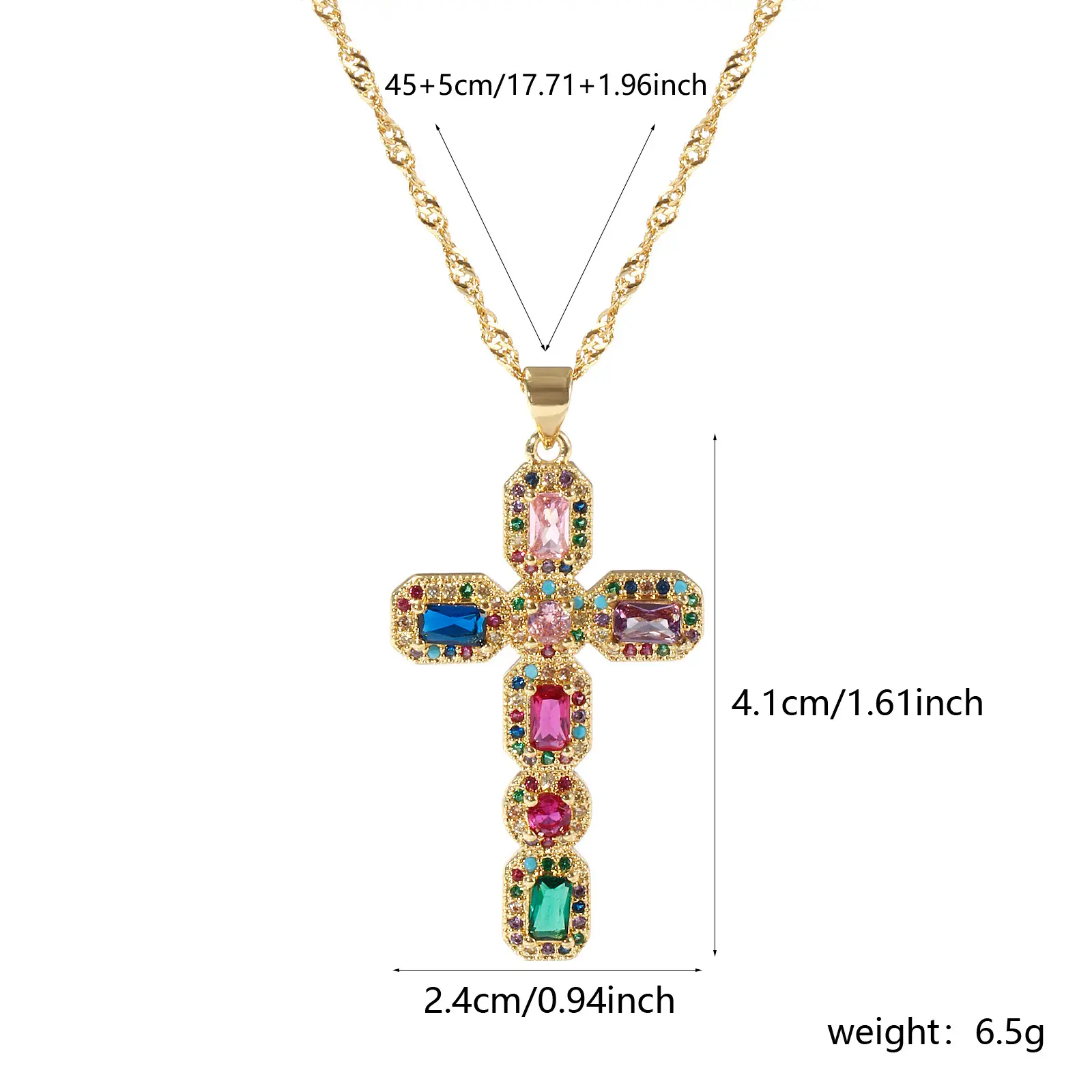 Religious Wave Twisted Chain Cross Necklace 18K Real Gold Plated Brass Micro Pave Pendant Necklace Unisex Gift 45cm+5cm long