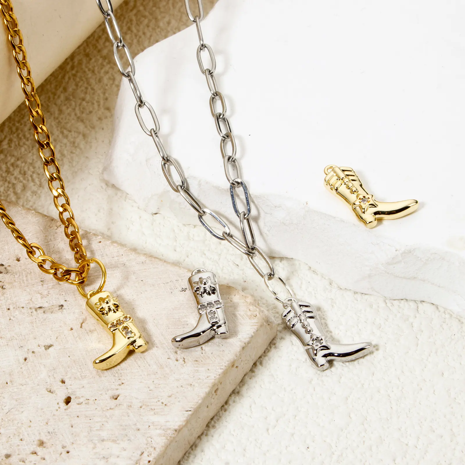 2 Piece Brass West Cowboy Charms Pendants Boots Horseshoe 18K Gold Color Metal For DIY Making Supply Necklace Jewelry Findings