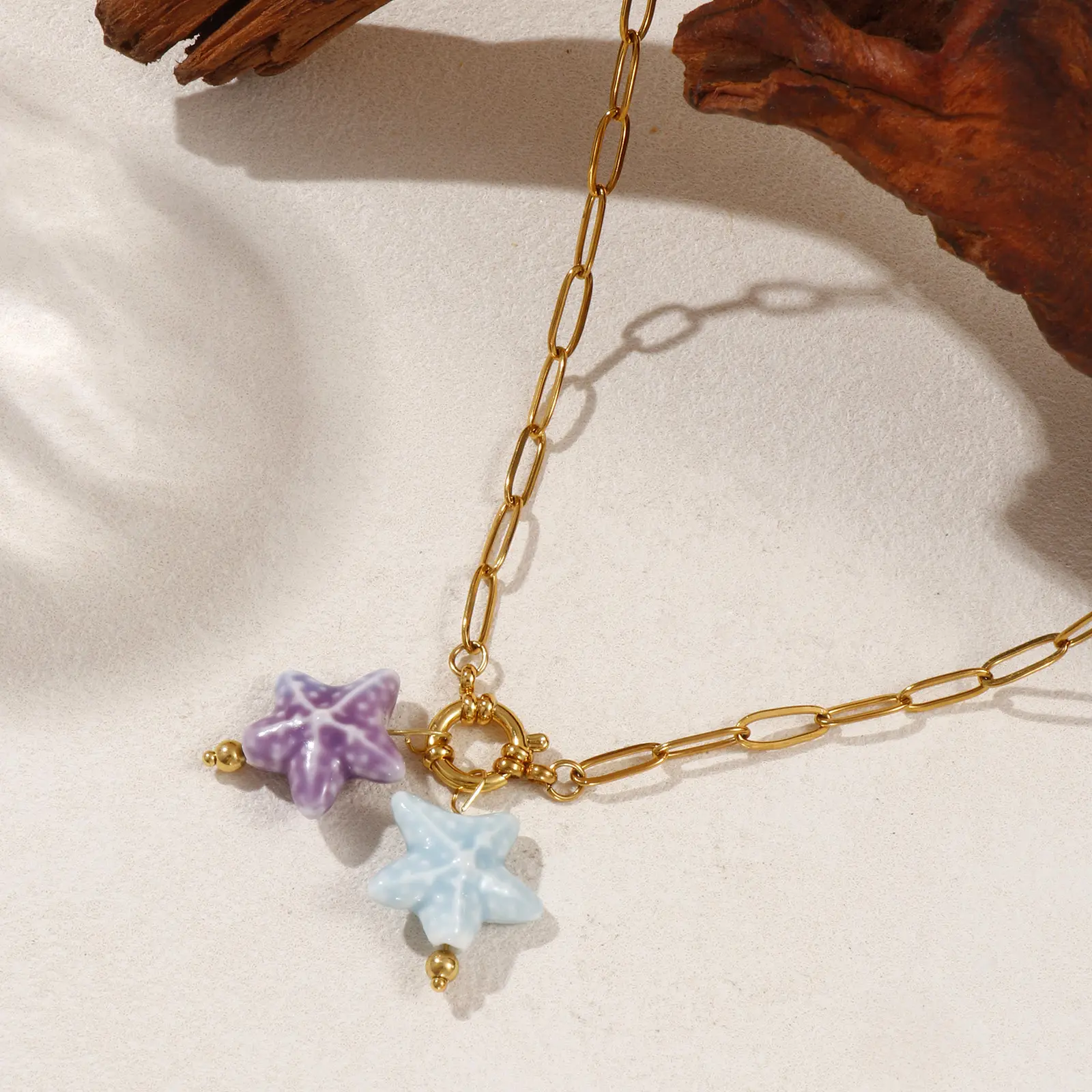 1 Piece Ocean Stainless Steel Ceramic Starfish Pendant Necklace For Women 18K Gold Plated Paperclip Link Chain Mauve 40cm long