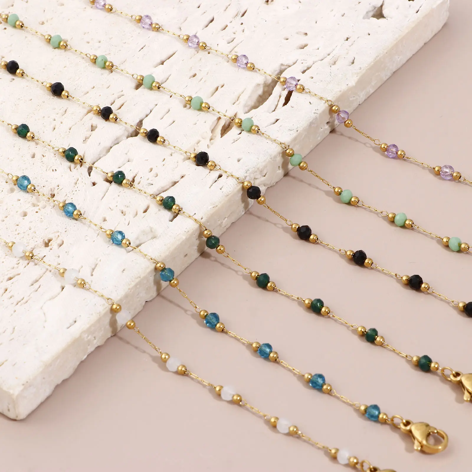 304 Stainless Steel Anklet For Women Summer Beach Foot Show Jewelry Natural Stone Bead Link Chain Anklet 25cm long, 1 Piece