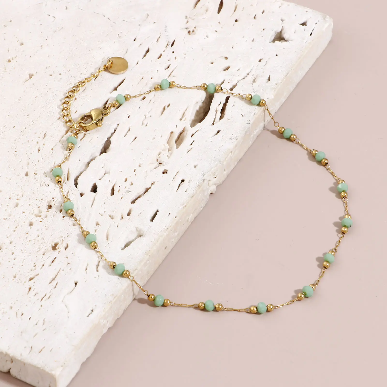 304 Stainless Steel Anklet For Women Summer Beach Foot Show Jewelry Natural Stone Bead Link Chain Anklet 25cm long, 1 Piece