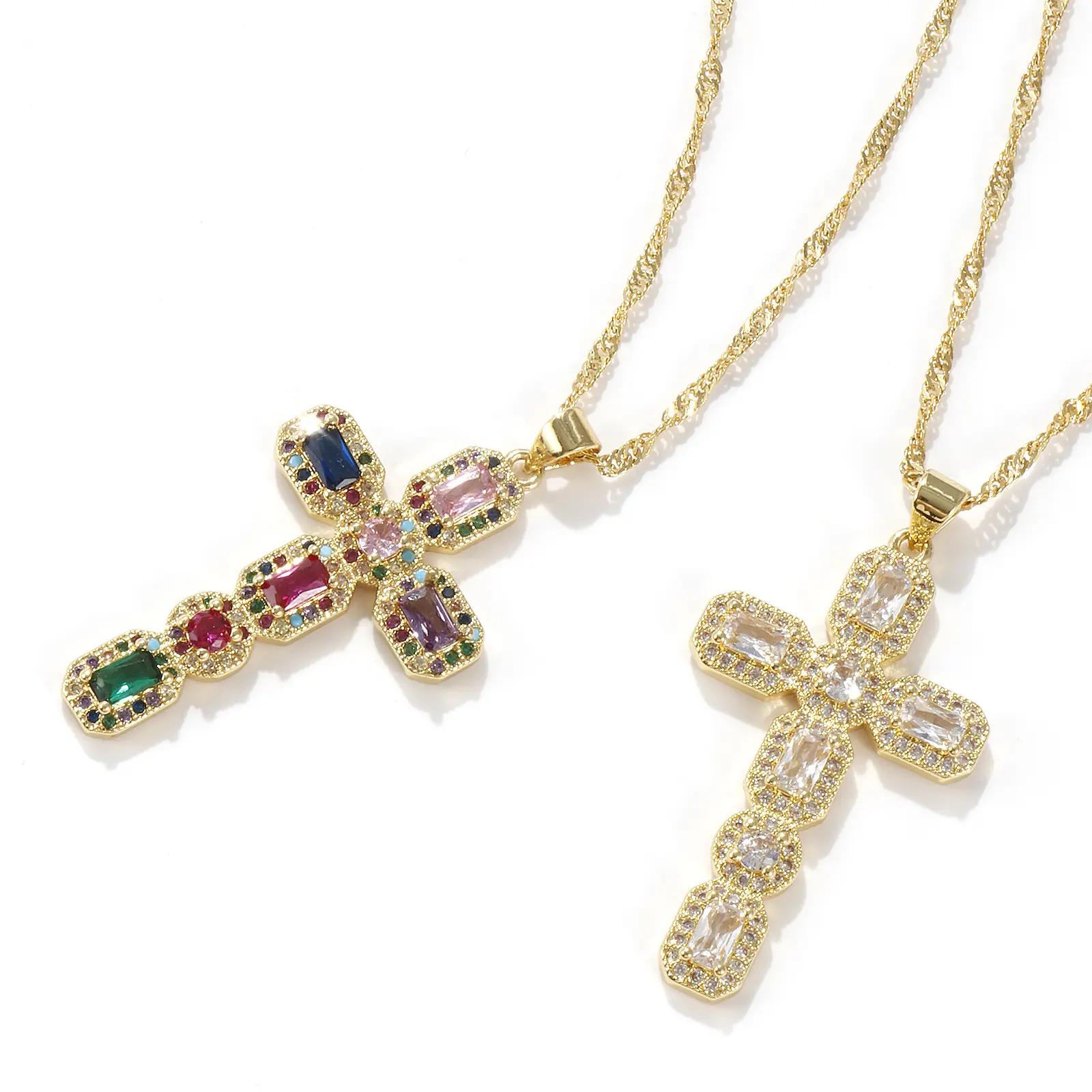 Religious Wave Twisted Chain Cross Necklace 18K Real Gold Plated Brass Micro Pave Pendant Necklace Unisex Gift 45cm+5cm long