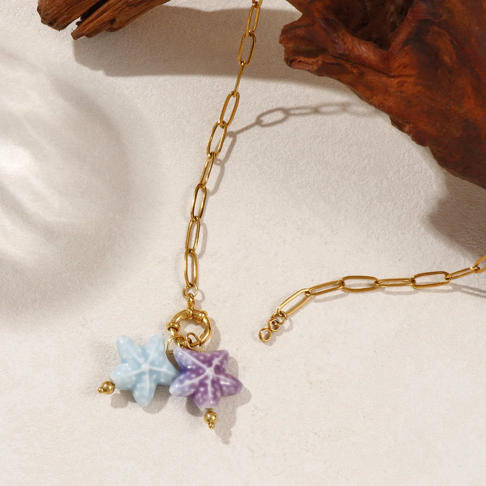 1 Piece Ocean Stainless Steel Ceramic Starfish Pendant Necklace For Women 18K Gold Plated Paperclip Link Chain Mauve 40cm long